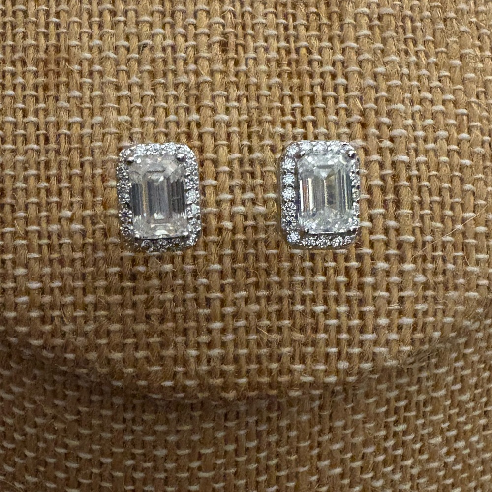 Solid Sterling Silver 1.80 Carat VVSD Emerald Cut Halo Moissanite Earrings